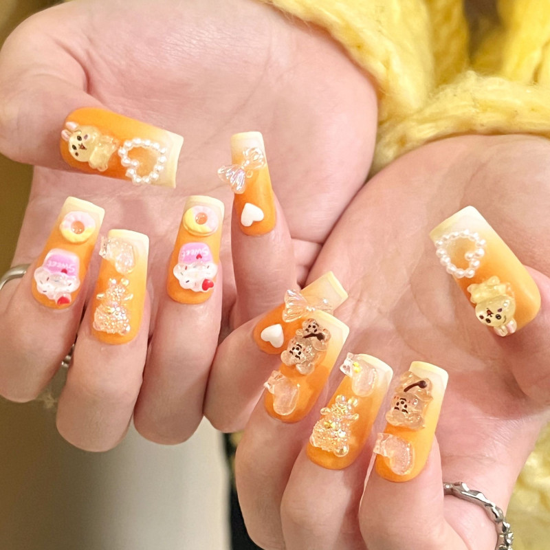 Coque faux ongles style français - ongles femme et jeune fille - Noeud à ongles dessin animé lapin ours de couleur orange