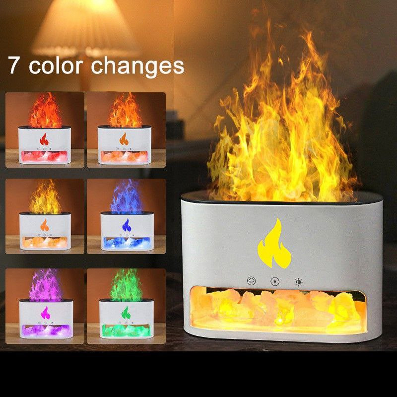 Simulation de pierre de sel, machine d'aromathérapie à flamme à sept Couleurs, veilleuse colorée, grand volume de brume, humidificateur USB, diffuseur d'huile essentielle.