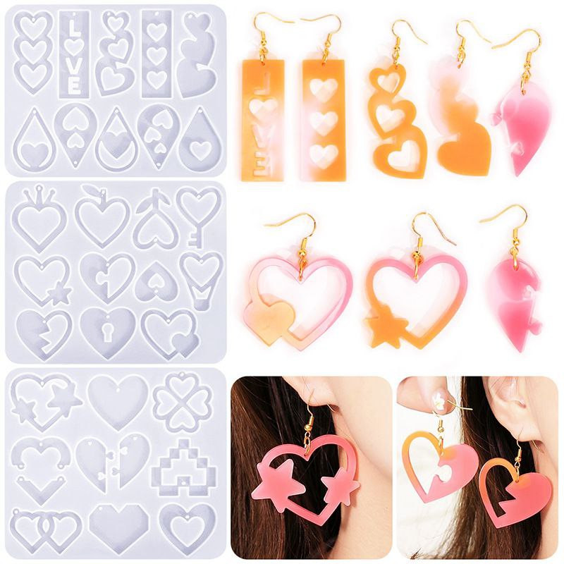 Moule Silicone Pour Boucles D'oreilles Résine Holographique - Forme Cœur, Pendentifs, DIY Bijoux, 6.2x9 Cm