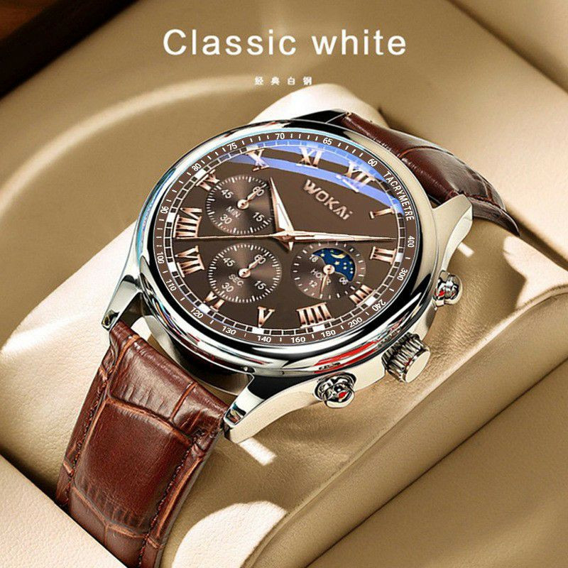 Montre à quartz pour homme de la marque Wokai, qui se distingue par son élégant boîtier en or rose et son bracelet marron imitation cuir.