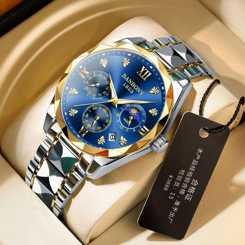 Montre-bracelet pour homme BANBONY 1853 à quartz losange dotée d'un cadran bleu soleillé, de chiffres romains avec strass et d'un bracelet bicolore en acier inoxydable doré et argenté