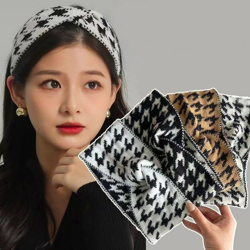 Bandeau de tête tricoté à carreaux couvre-chef, bandeau en laine pour femme.