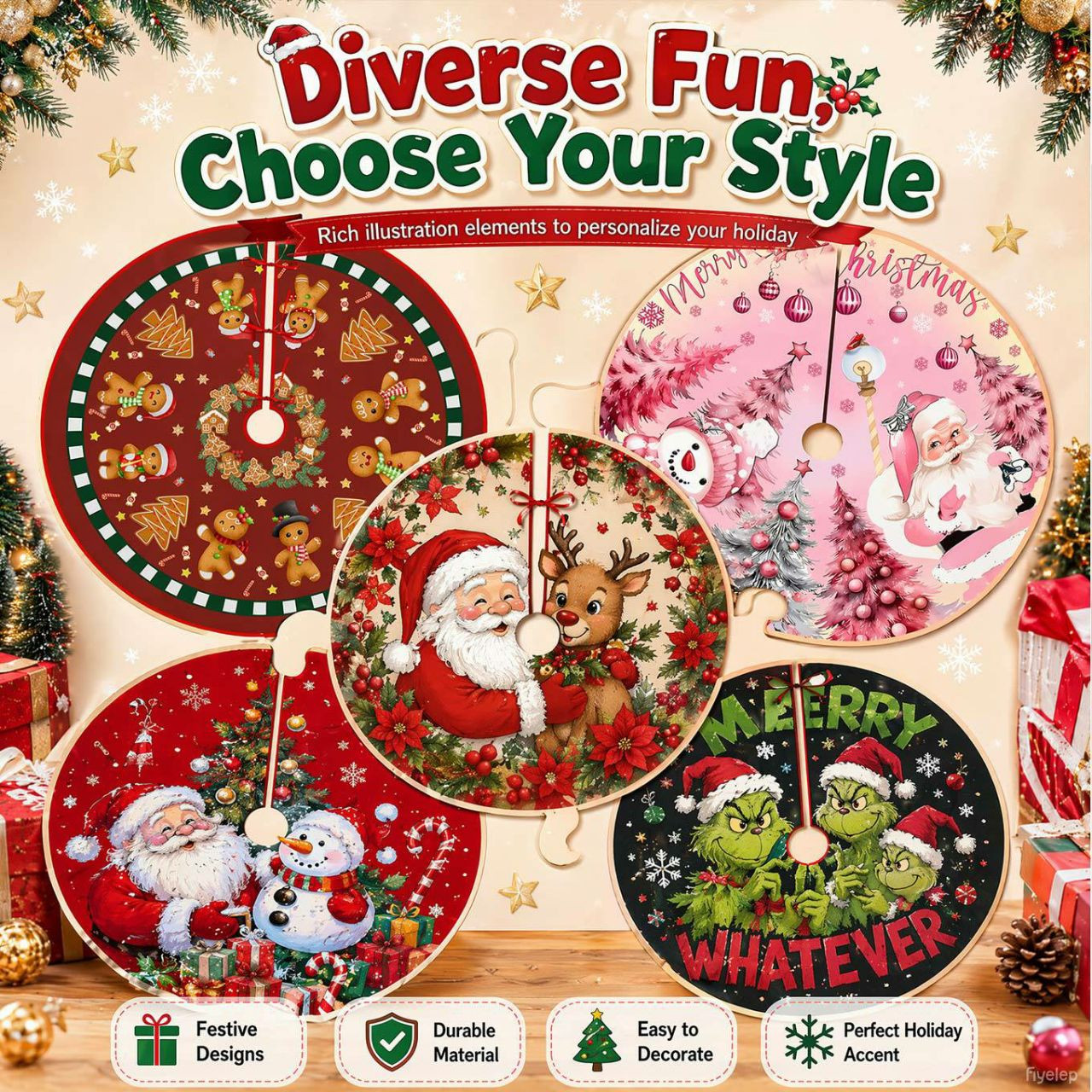Jupe de pied de sapin de Noël en tissu pelucheux – Décoration festive