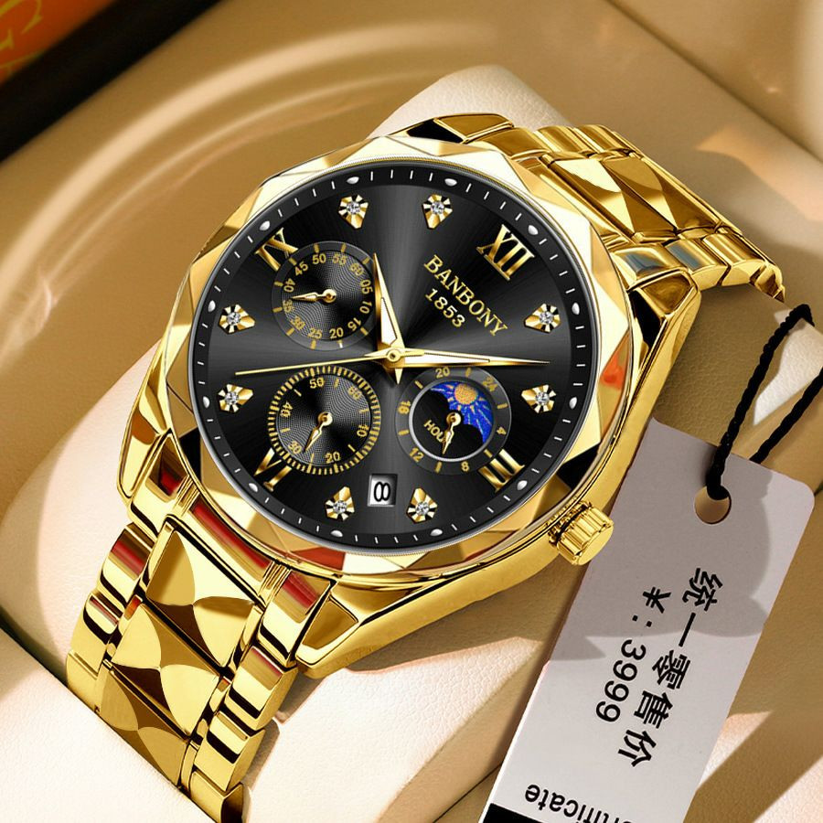 Montre-bracelet pour homme BANBONY 1853 à quartz losange dotée d'un cadran bleu soleillé, de chiffres romains avec strass et d'un bracelet bicolore en acier inoxydable doré et argenté