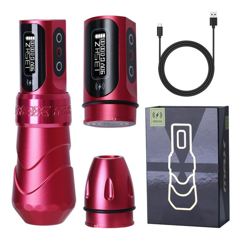 Machine à tatouer sans fil FK Irons Flux Max Scarlet Special Edition, livrée avec deux batteries PowerBolt II et un câble de recharge.