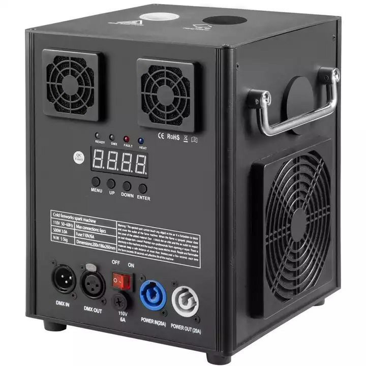 Machine à étincelles froides de 750 W avec contrôle DMX et télécommande sans fil, conçue pour créer des effets pyrotechniques sécurisés lors d'événements.