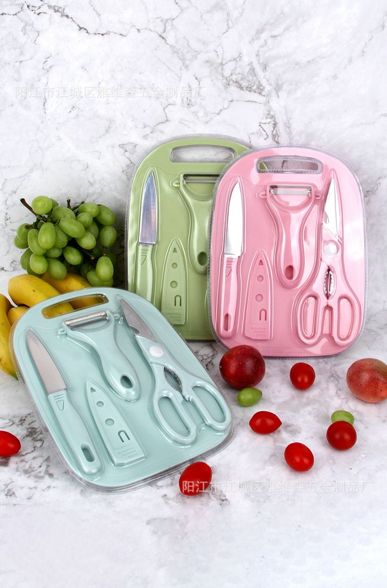 Couteau à fruits et ciseaux de cuisine en acier inoxydable, ensemble de quatre pièces, couteau à éplucher, couteau d'office, ensemble de couteaux de cuisine, planche à découper pour aliments pour bébé
