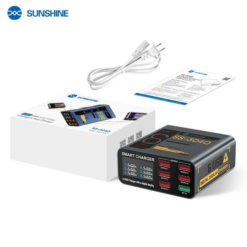 Chargeur de bureau intelligent Sunshine SS-304Q, un modèle compact gris avec six ports USB.