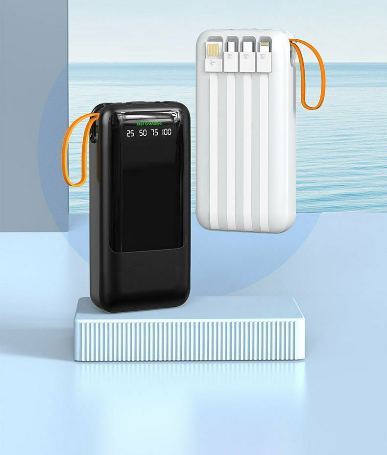Power bank, batterie externe (Power Bank) multifonction équipée de deux lampes de poche LED très puissantes sur le dessus et d'un écran d'affichage numérique indiquant le pourcentage de charge.