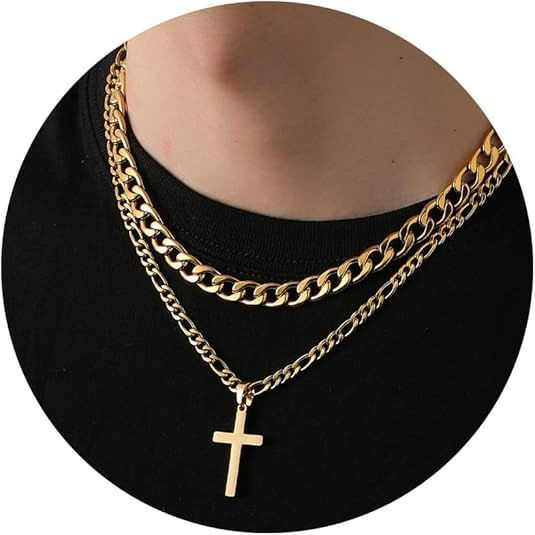 Collier tendance style hip-hop, double chaîne cubaine en acier inoxydable avec pendentif croix, design minimaliste et original, style européen et américain.