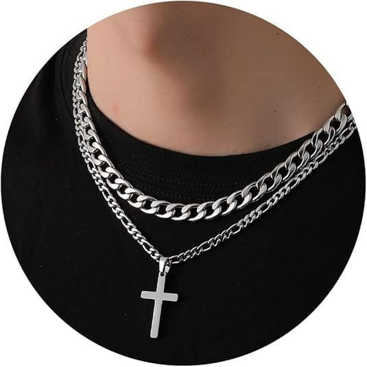 Collier tendance style hip-hop, double chaîne cubaine en acier inoxydable avec pendentif croix, design minimaliste et original, style européen et américain.