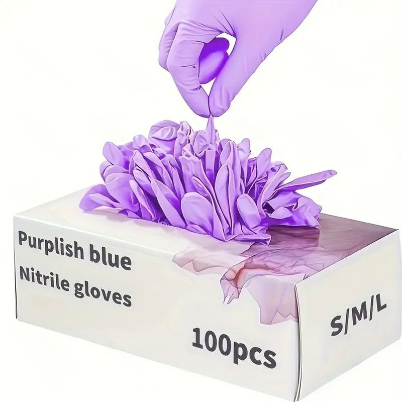 Des gants en nitrile jetables de couleur violet-bleu, vendus en boîte de 100 unités pour divers usages ménagers.